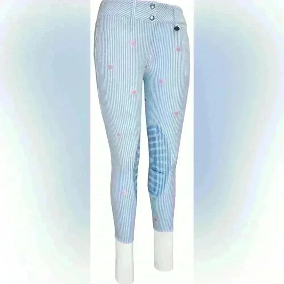 NWOT Equine Couture Blue Striped Knee Patch Riding Breech Jodhpurs Pink Whales - Picture 1 of 9